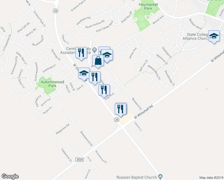 map of restaurants, bars, coffee shops, grocery stores, and more near 2029 Cato Avenue in State College