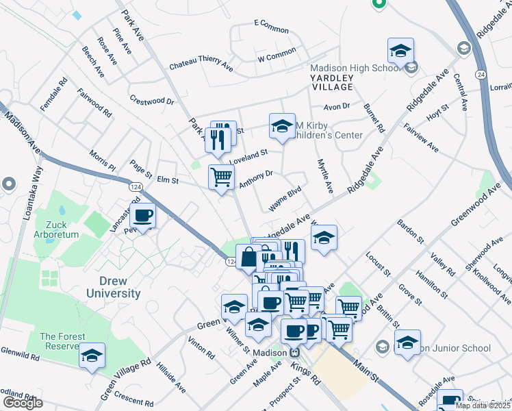 map of restaurants, bars, coffee shops, grocery stores, and more near 15 Wayne Boulevard in Madison