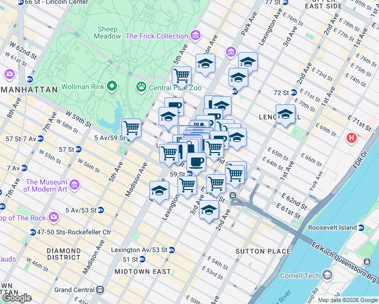 map of restaurants, bars, coffee shops, grocery stores, and more near 115 East 61st Street in New York