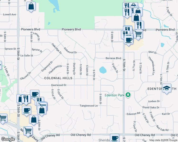 map of restaurants, bars, coffee shops, grocery stores, and more near 4920 South 66th Street in Lincoln