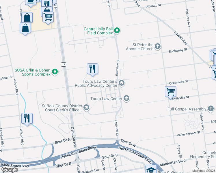 map of restaurants, bars, coffee shops, grocery stores, and more near 838 Kirkland Court in Central Islip