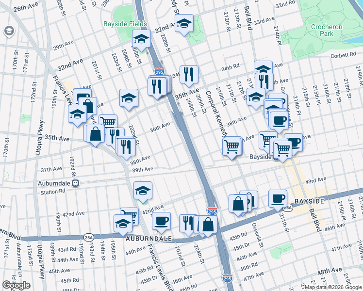 map of restaurants, bars, coffee shops, grocery stores, and more near 3802 Clearview Expressway Service Road in Queens