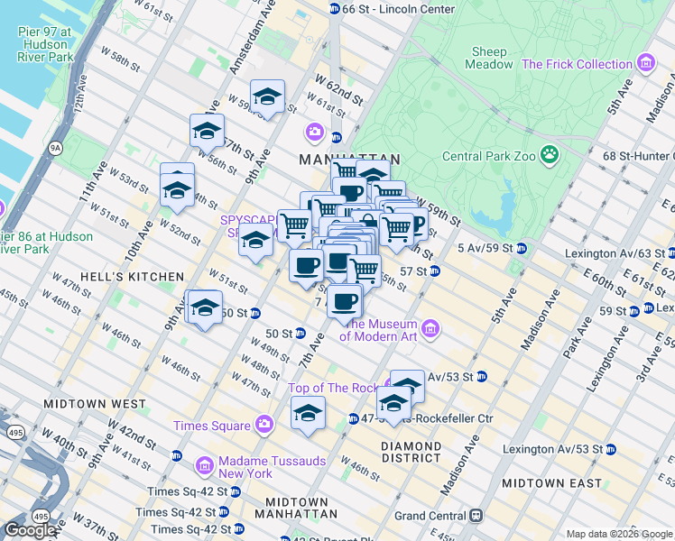 map of restaurants, bars, coffee shops, grocery stores, and more near 848 7th Avenue in New York