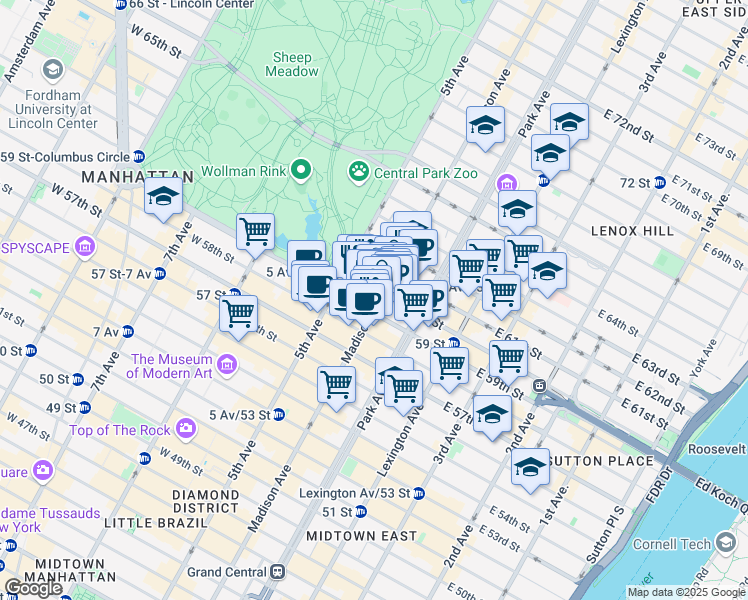 map of restaurants, bars, coffee shops, grocery stores, and more near 650 Madison Avenue in New York