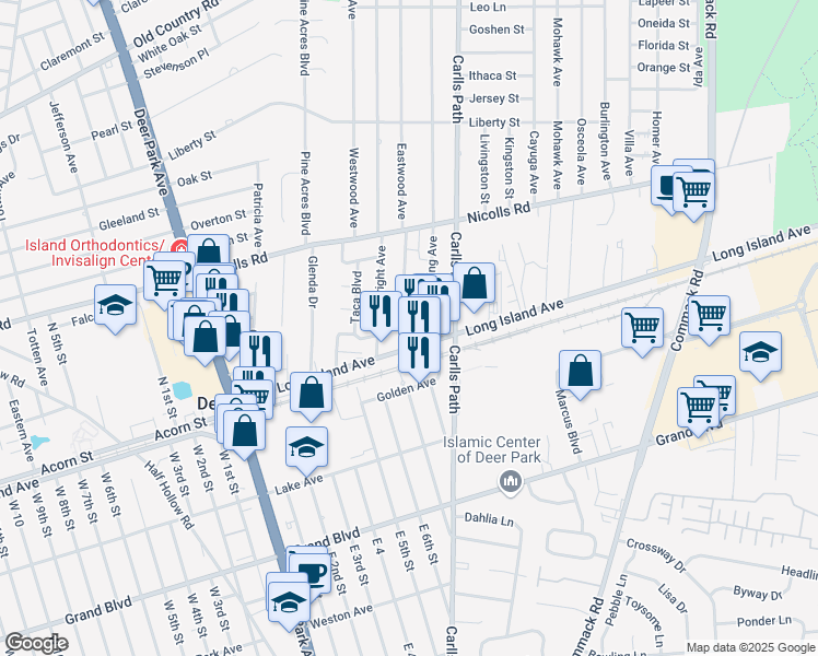 map of restaurants, bars, coffee shops, grocery stores, and more near 13 Eastwood Avenue in Deer Park