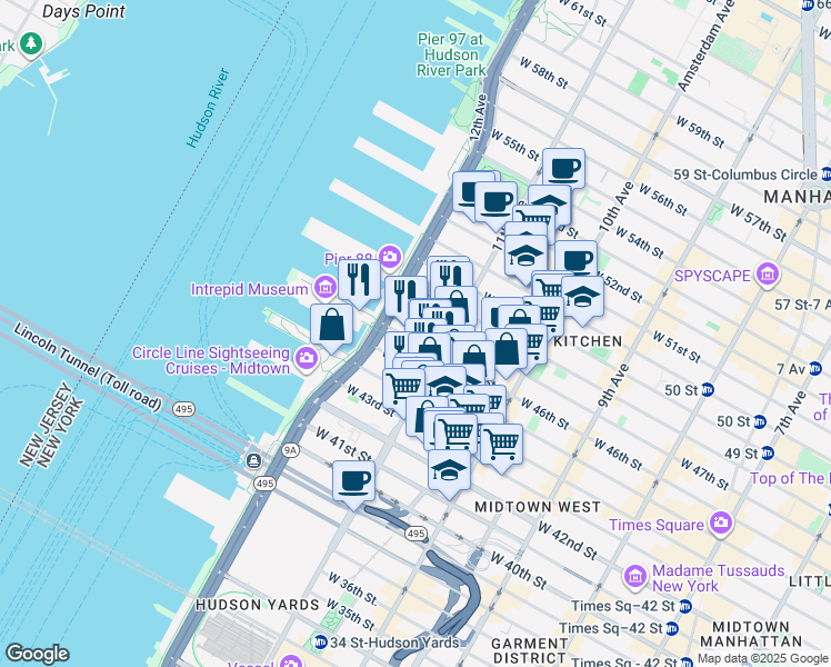 map of restaurants, bars, coffee shops, grocery stores, and more near 638 West 46th Street in New York