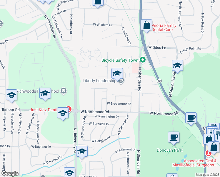 map of restaurants, bars, coffee shops, grocery stores, and more near 6304 North Saint Marys Road in Peoria