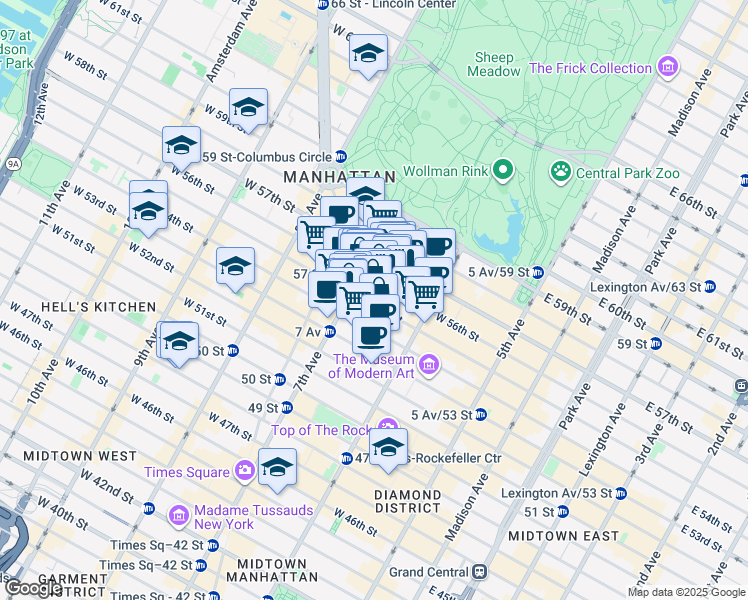 map of restaurants, bars, coffee shops, grocery stores, and more near 145 West 55th Street in New York