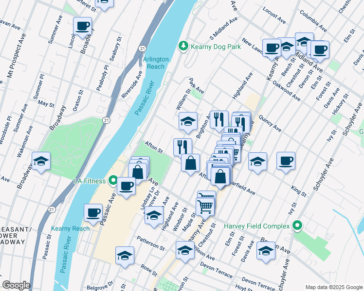 map of restaurants, bars, coffee shops, grocery stores, and more near 352 Belgrove Dr in Kearny
