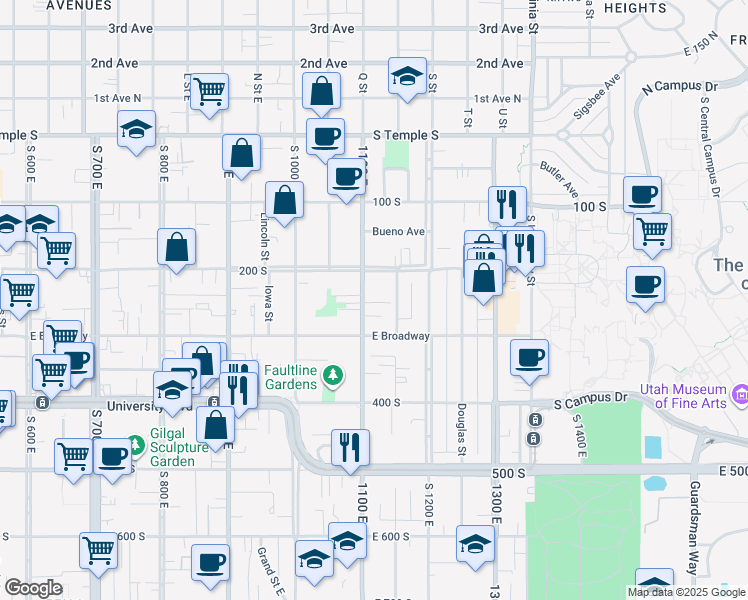 map of restaurants, bars, coffee shops, grocery stores, and more near 233 South 1100 East in Salt Lake City