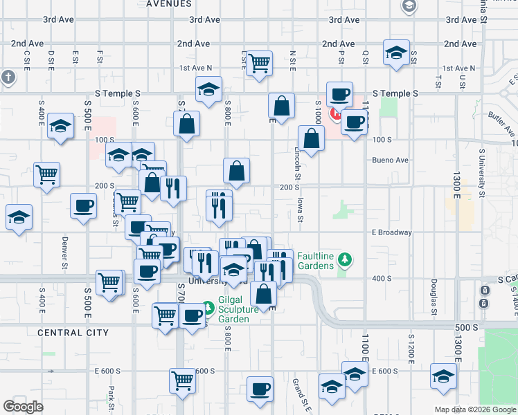 map of restaurants, bars, coffee shops, grocery stores, and more near 236 900 East in Salt Lake City