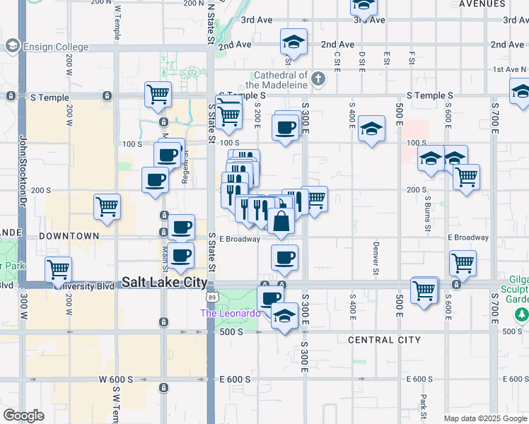 map of restaurants, bars, coffee shops, grocery stores, and more near 235 South 200 East in Salt Lake City