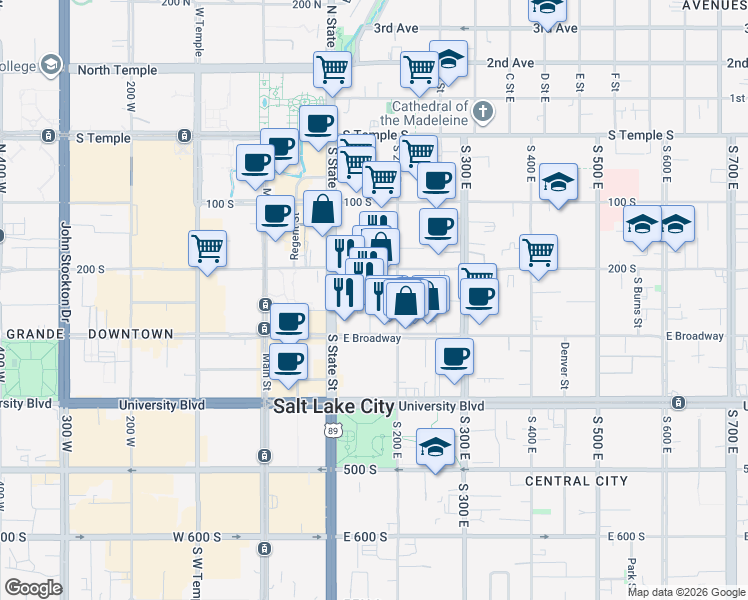 map of restaurants, bars, coffee shops, grocery stores, and more near 231 South Edison Street in Salt Lake City
