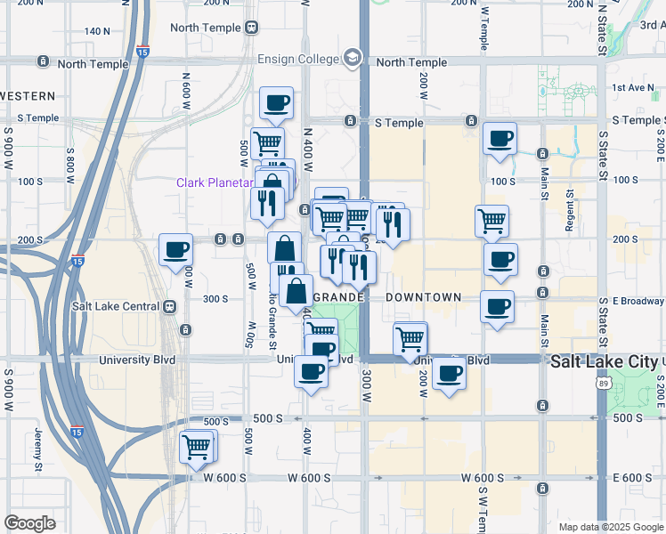 map of restaurants, bars, coffee shops, grocery stores, and more near 346 Pierpont Avenue in Salt Lake City