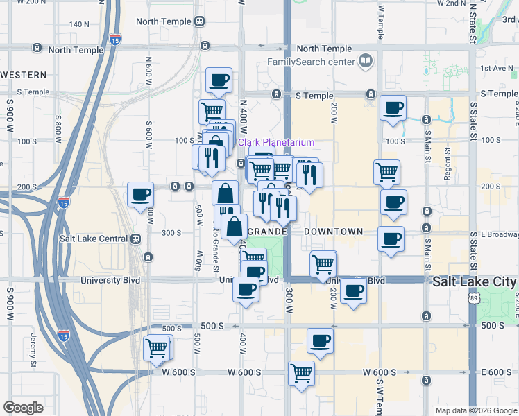map of restaurants, bars, coffee shops, grocery stores, and more near 346 Pierpont Avenue in Salt Lake City