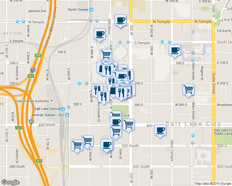 map of restaurants, bars, coffee shops, grocery stores, and more near 346 Pierpont Avenue in Salt Lake City
