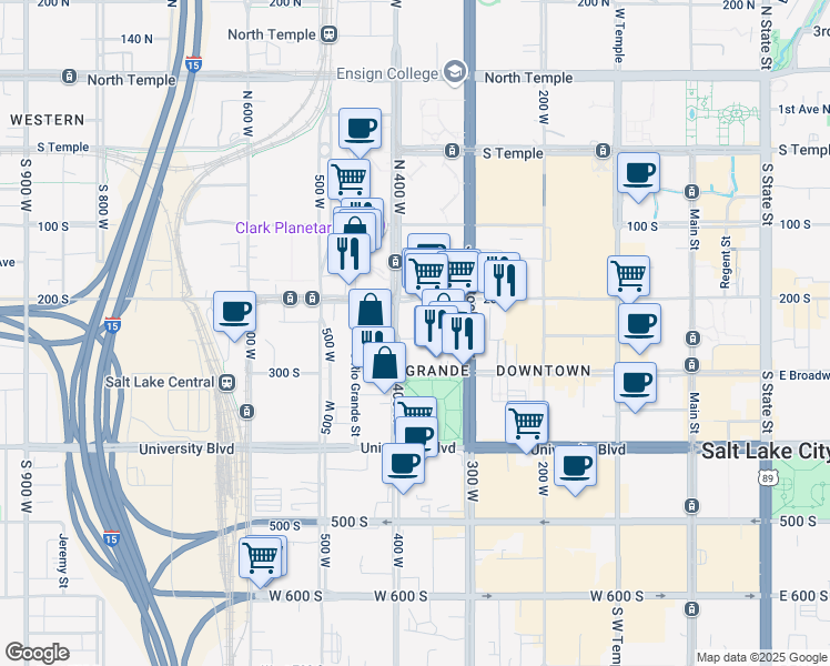 map of restaurants, bars, coffee shops, grocery stores, and more near 346 Pierpont Avenue in Salt Lake City