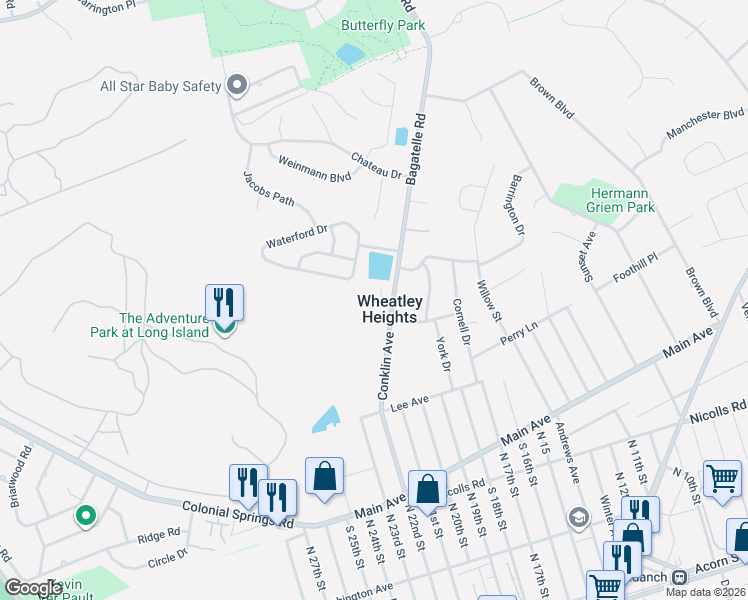 map of restaurants, bars, coffee shops, grocery stores, and more near 11 Oxford Court in Wheatley Heights