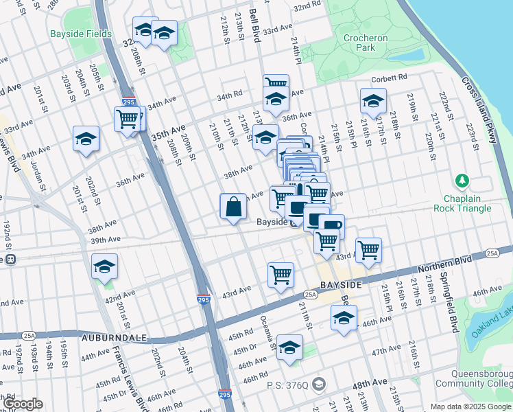 map of restaurants, bars, coffee shops, grocery stores, and more near 39-14 211th Street in Queens