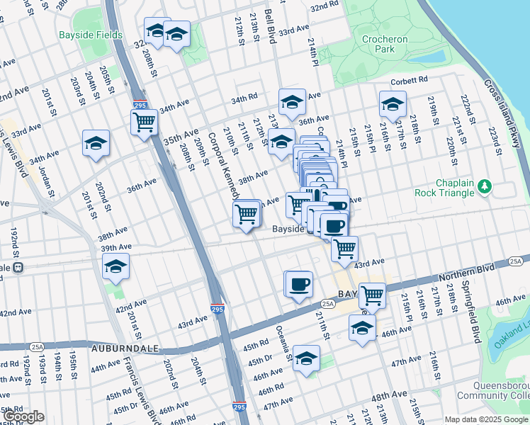 map of restaurants, bars, coffee shops, grocery stores, and more near 39-14 211th Street in Queens