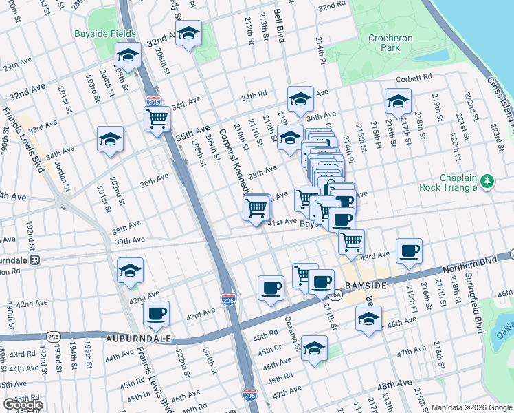 map of restaurants, bars, coffee shops, grocery stores, and more near 39-03 Corporal Kennedy Street in Queens