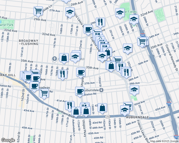 map of restaurants, bars, coffee shops, grocery stores, and more near 35-16 190th Street in Queens