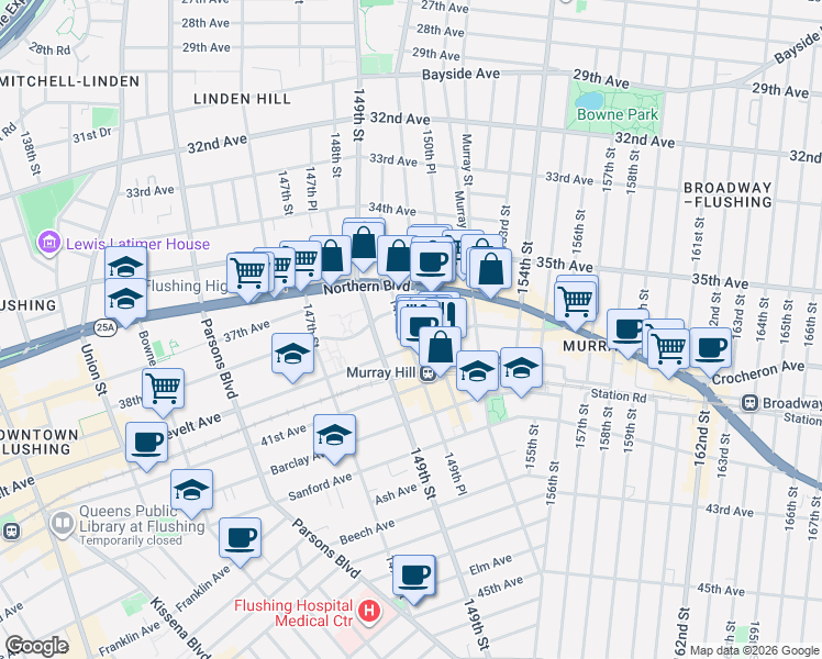 map of restaurants, bars, coffee shops, grocery stores, and more near 38-24 150th Street in Queens