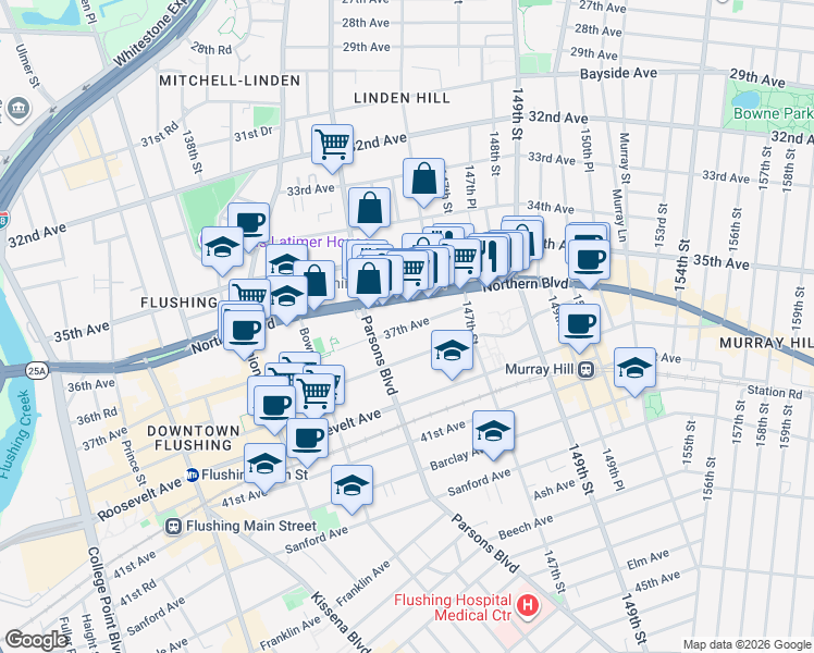 map of restaurants, bars, coffee shops, grocery stores, and more near 144-54 37th Avenue in Queens