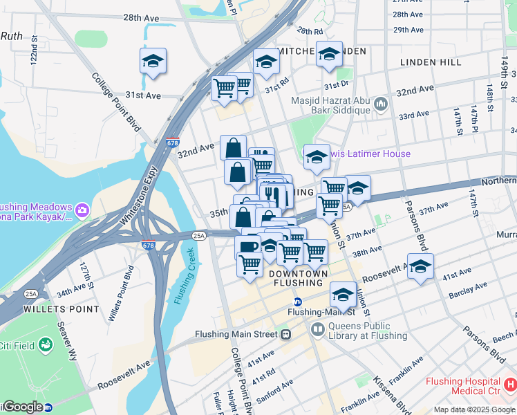 map of restaurants, bars, coffee shops, grocery stores, and more near 134-4 35th Avenue in Queens