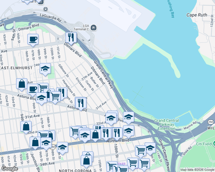 map of restaurants, bars, coffee shops, grocery stores, and more near 108-19 Ditmars Boulevard in Queens