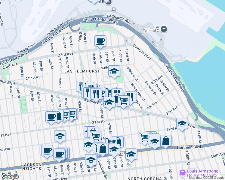 map of restaurants, bars, coffee shops, grocery stores, and more near 25-16 98th Street in Queens