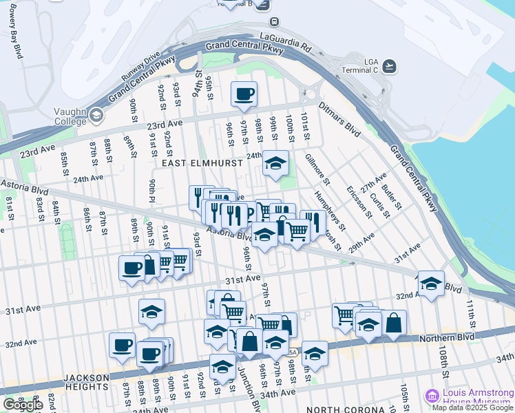 map of restaurants, bars, coffee shops, grocery stores, and more near 25-16 98th Street in Queens