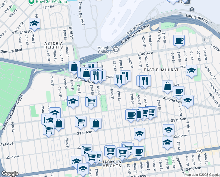 map of restaurants, bars, coffee shops, grocery stores, and more near 2437 85th Street in Queens