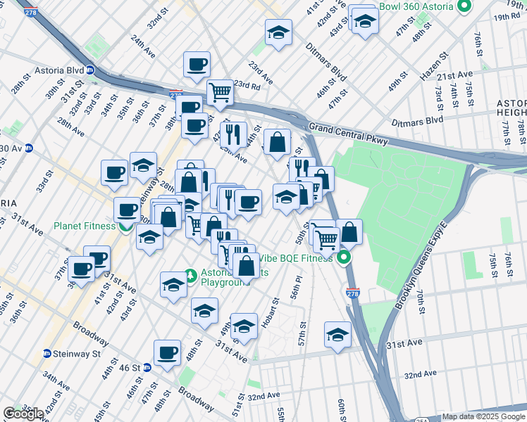 map of restaurants, bars, coffee shops, grocery stores, and more near 25-48 48th Street in Queens