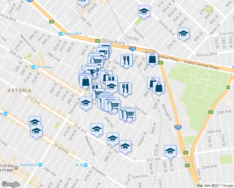 map of restaurants, bars, coffee shops, grocery stores, and more near 25-92 45th Street in Queens