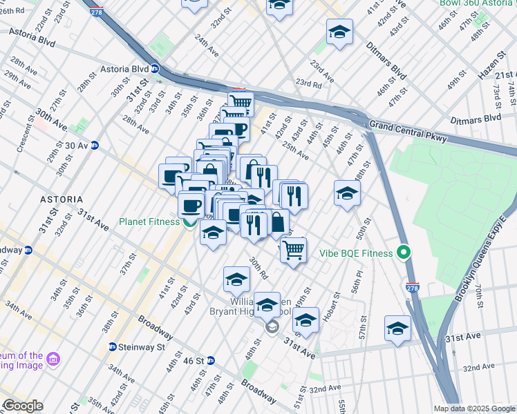 map of restaurants, bars, coffee shops, grocery stores, and more near in Queens