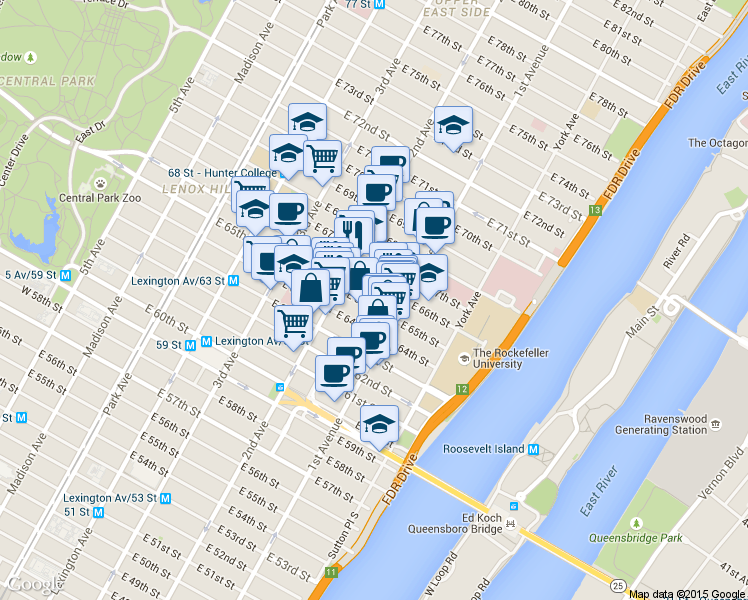 map of restaurants, bars, coffee shops, grocery stores, and more near 327 East 65th Street in New York