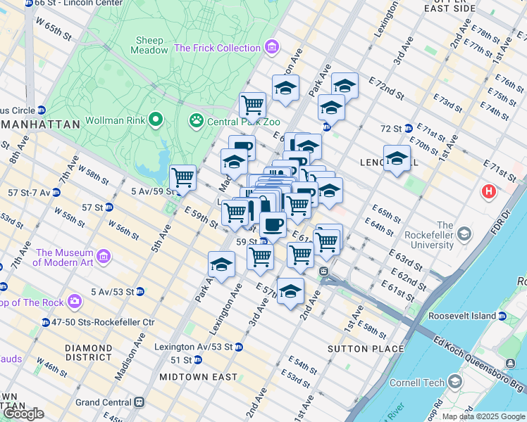 map of restaurants, bars, coffee shops, grocery stores, and more near 115 East 61st Street in New York