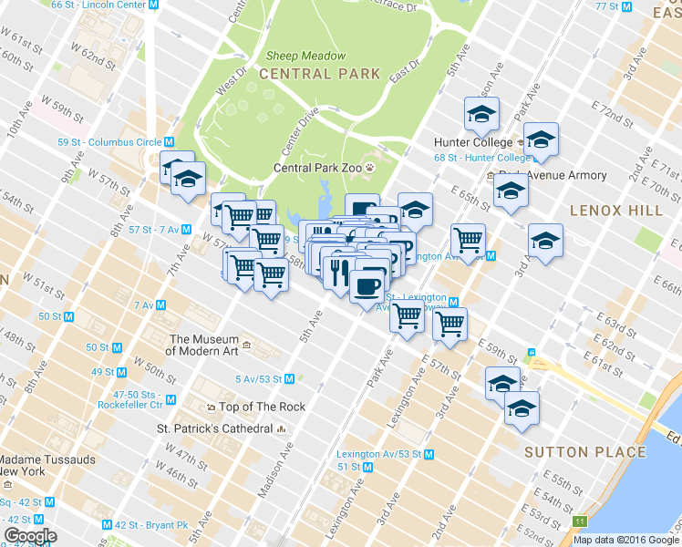 map of restaurants, bars, coffee shops, grocery stores, and more near 5th Avenue in New York