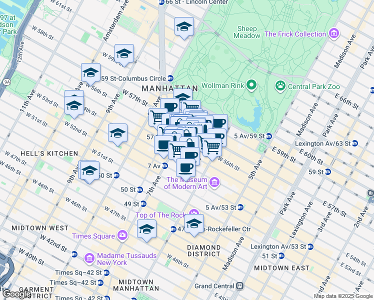 map of restaurants, bars, coffee shops, grocery stores, and more near 877 7th Avenue in New York