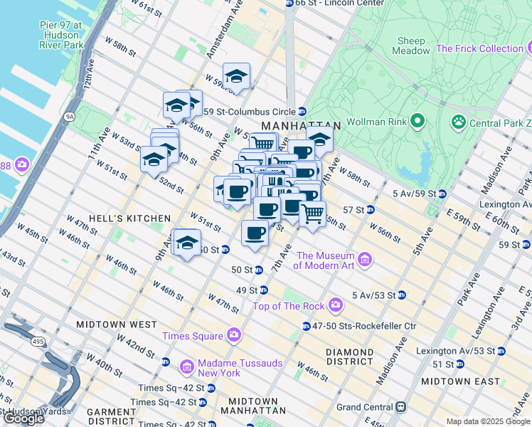 map of restaurants, bars, coffee shops, grocery stores, and more near 234 West 54th Street in New York
