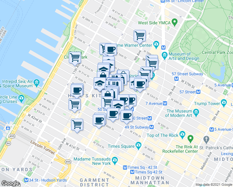 map of restaurants, bars, coffee shops, grocery stores, and more near in New York