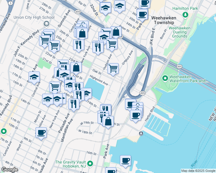map of restaurants, bars, coffee shops, grocery stores, and more near 453 Gregory Avenue in Weehawken