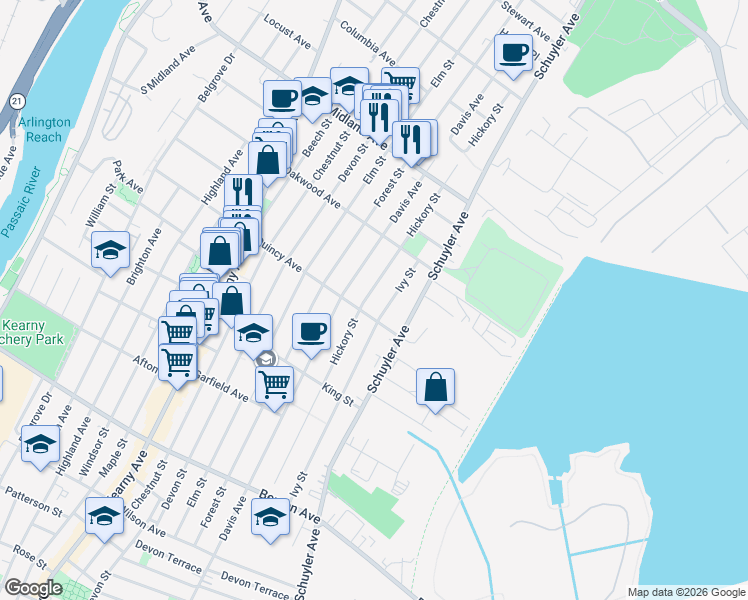 map of restaurants, bars, coffee shops, grocery stores, and more near 312 Hickory Street in Kearny