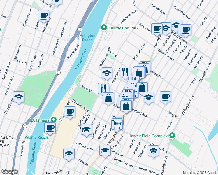 map of restaurants, bars, coffee shops, grocery stores, and more near 25 Halstead Street in Kearny