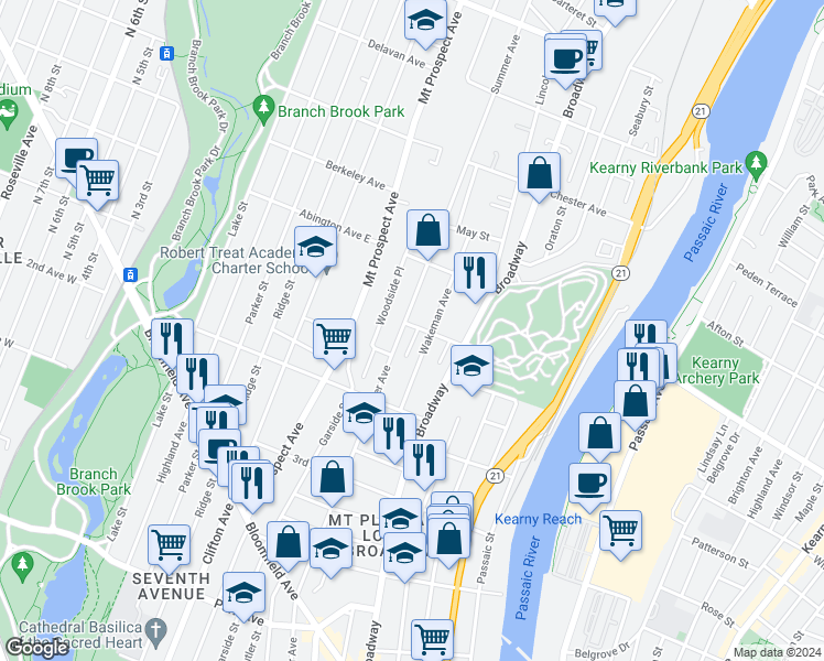 map of restaurants, bars, coffee shops, grocery stores, and more near 357 Summer Avenue in Newark