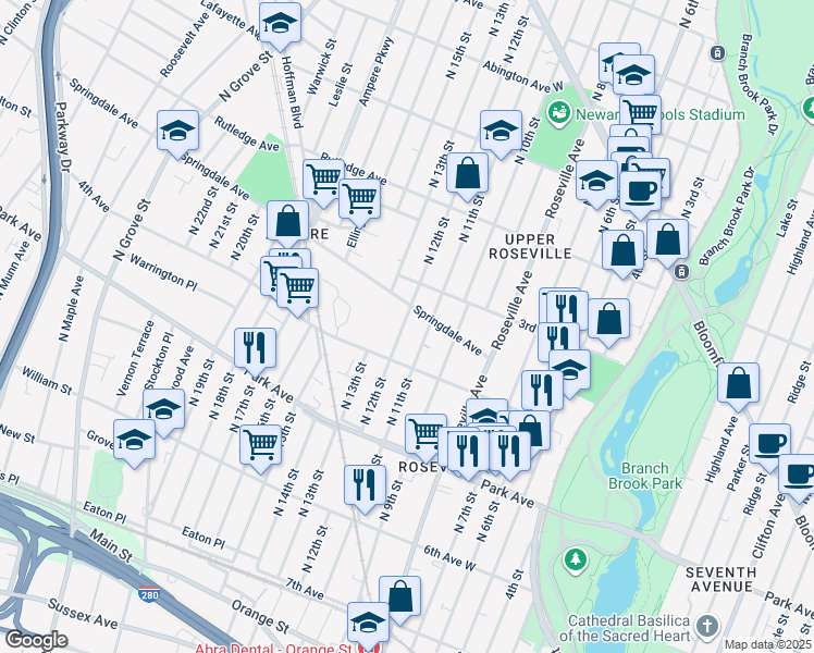 map of restaurants, bars, coffee shops, grocery stores, and more near 254 North 11th Street in Newark