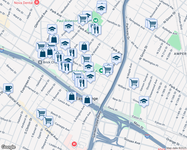 map of restaurants, bars, coffee shops, grocery stores, and more near 351 William Street in East Orange