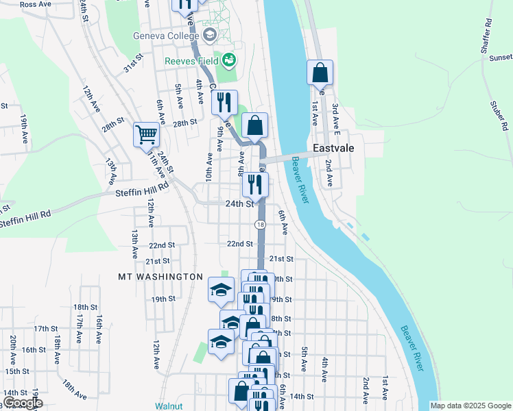 map of restaurants, bars, coffee shops, grocery stores, and more near 2326 7th Avenue in Beaver Falls