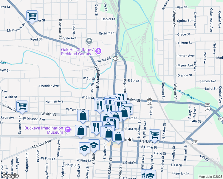 map of restaurants, bars, coffee shops, grocery stores, and more near 206 North Main Street in Mansfield